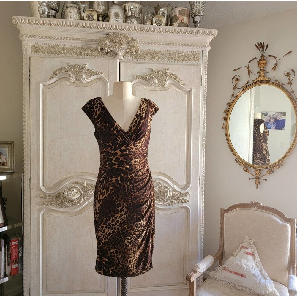 Ralph Lauren Dress Size 10P Brown Animal Print Faux Wrap Sheath Dress